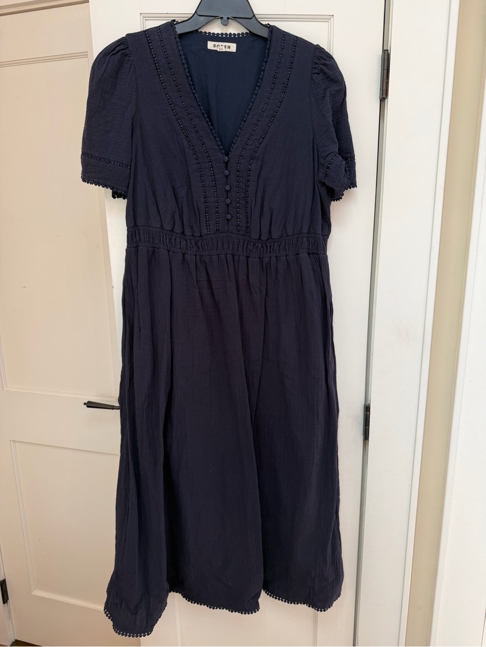 EUC BODEN CRINKLE COTTON NAVY BLUE GAUZE BUTTON DRESS SIZE 16